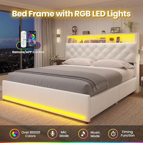 HAUOMS Full Size Bed Frame with Bookcase Headboard,LED Bed Frame with Charging Station, 4 Storage Drawer, Modern Velvet Upholstered Platform Bed with 5 Shelf, No Box Spring Needed, Creamy White thumbnail 5
