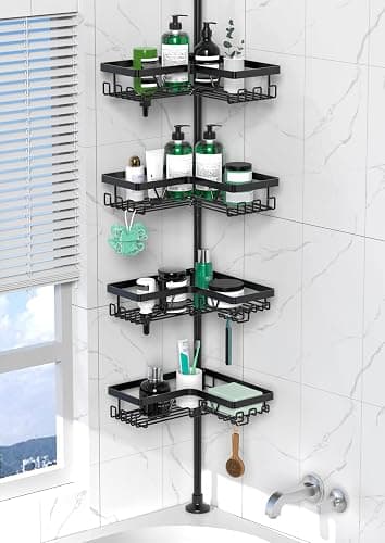 DAOYA Corner Shower Caddy Tension Pole - 4 Tier Stainless Steel Rustproof Shower Corner Caddy for Bathtub Bathroom Shower Organizer Shelves Adjustable Pole 25-114.2 Inch Black - Image 1
