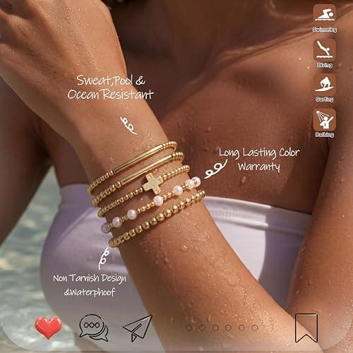 Tungary Gold Beaded Bracelets Set for Women, Non Tarnish 14K Gold Plated | 5Pcs Stackable Stretch Bracelet Stack Waterproof Dainty Pearl Cross Gold Beads Bracelet Jewelry Gift for Her thumbnail 3