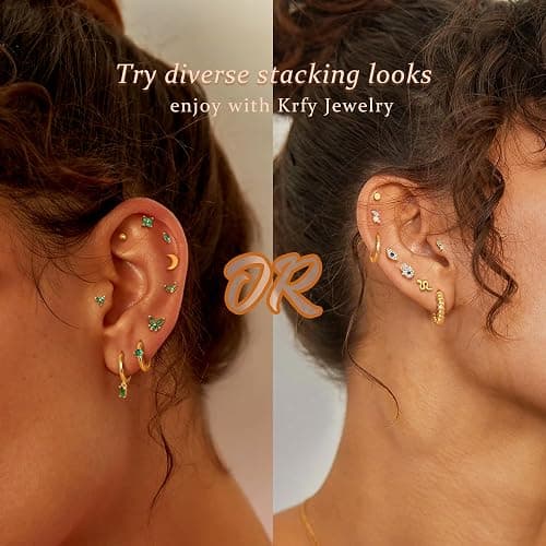 KRFY 25Pcs Hypoallergenic Surgical Steel Earrings for Sensitive Ears 14K Gold Plated Flat Back Cartilage Earrings for Women Men Screw Back Flatback Stud Hoop Earring Set for Multiple Piercing thumbnail 5