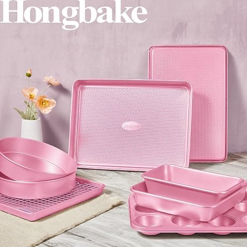 HONGBAKE 9-Piece Baking Pans Set Nonstick, Stackable Non Toxic Bakeware Sets with Diamond Texture, Oven Pan Set for Cooking, Includes Cookie Sheet with Rack, Cake Pan, Roasting Pan, Muffin Tin, Pink thumbnail 2