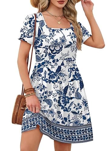 OFEEFAN Womens Summer Dresses 2025 Short Sleeve Square Neck Casual Sundresses with Pockets A-Line Color Block thumbnail 4