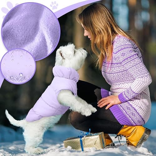 ABRRLO Winter Warm Dog Jacket for Small Medium Dogs Cat Cold Weather Coats with Harness Paded Dogs Fleece Vest Waterproof Windproof Dog Snow Jacket Pet Puppy Clothes (Purple,M) thumbnail 3