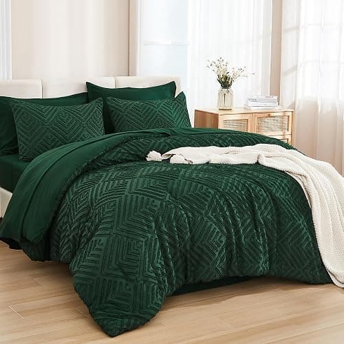 Andency Queen Comforter Set 7 Piece Dark Emerald Green - Bed in a Bag Queen Boho Lightweight Fluffy Tufted Bedding Sets with Comforter, Sheets, Pillowcases & Shams - Image 1