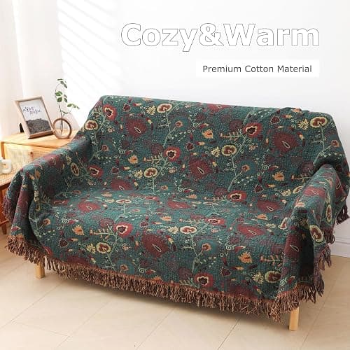 Boho Throw Blanket for Bed 100% Cotton Ultra Soft Rustic Quilt Farmhouse Decor Bed Fall Blanket,All Season Rustic Throw for Sofa Couch Chair (Flower-Dark Green, 60"×80") thumbnail 4