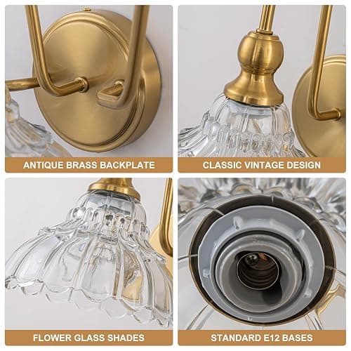 BrkNit Vintage Bathroom Light Fixtures Over Mirror, 3-Light Brass Wall Sconce Lighting with Flower Glass Shade, Farmhouse Vanity Lights for Bedroom Kitchen Living Room Hallway Light thumbnail 3