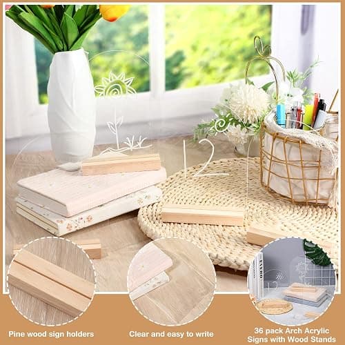 Unittype 36 Pack 5 x 7 Inch Clear Arch Acrylic Sign with Wooden Stands Round Top Blank Arch Acrylic Table Numbers Sign Ideal for DIY Menu Numbers and Name Card Wedding Party Reception thumbnail 5