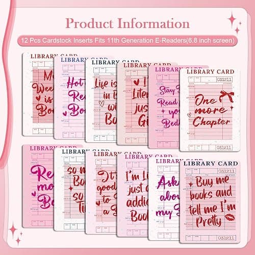 Rngmsi Insert Cardstock for Clear Case - 12 Pcs Library Card Cardstock Inserts Compatible with Kindle Paperwhite 11th-12th, 6.9"X4.8" Pink Bookish Papers for E-Reader Clear Back Cover Accessories thumbnail 4