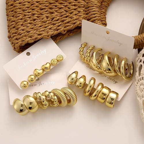 12 Pairs Chunky Gold Hoop Earrings for Women Trendy, Gold Plated Lightweight Hypoallergenic Stack, Thick Open Twisted Huggie Hoops Earring Set thumbnail 8