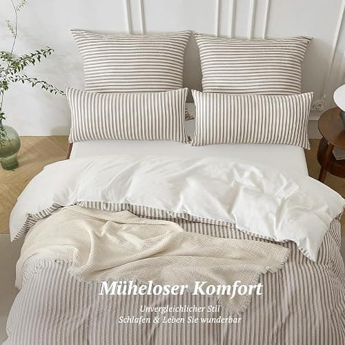 SOULFUL Bettwäsche 220x240 Baumwolle Gestreift, Jacquard Gewaschene Baumwolle Boho Bettwäsche-Sets Ästhetisches Kontrastdesign mit Reißverschluss-Braun thumbnail 7