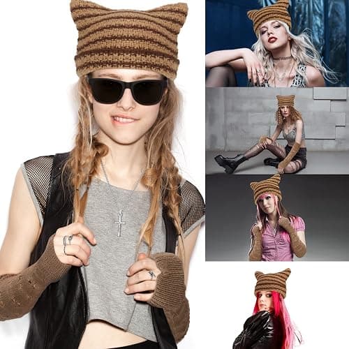 Sureio 25 Pcs Y2k Grunge Knitted Cat Beanie with Fairy Grunge Ripped Gloves Earrings Necklace Rings Monster Horn Accessories(Brown) thumbnail 5