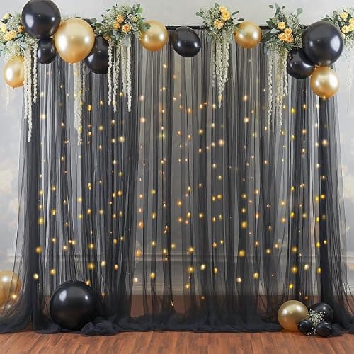 10×10ft Black Tulle Backdrop Curtain with Lights String for Parites, Sheer Photo Backdrop Curtains for Wedding Party Photography Background thumbnail 8