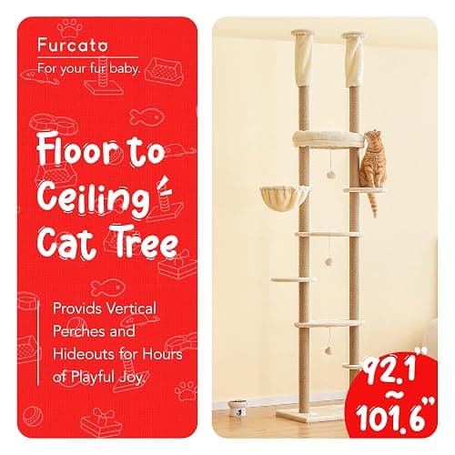 Furcato Cat Tree, Floor to Ceiling Cat Tower Adjustable Height[92-102 Inches=234-258cm], 7 Tiers Cat Climbing Tree with Hammock, Platforms and Fully Sisal Scratching Posts for Indoor Cats, Beige thumbnail 3
