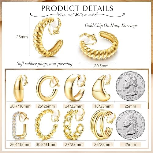 YADOCA 9 Pairs Gold Clip on Earrings for Women 14K Gold Plated Waterdrop Chunky Clip on Hoop Earrings No Piercing Fake Earrings Set thumbnail 9