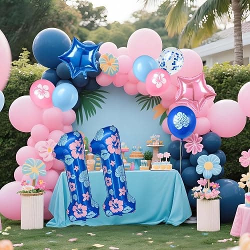 Minyu Tropical Floral Number large Balloon - 10-pack, includes hibiscus and palm leaves, pink and blue star foil, and sequined balloons, perfect for birthday party decorations. (Number 11) thumbnail 6