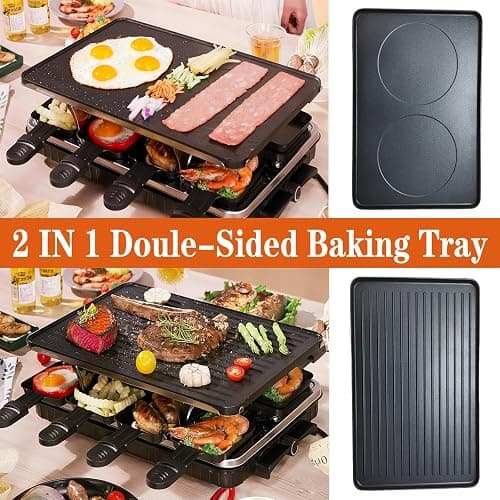 Raclette Grill, Indoor Grills Electric Smokeless Korean BBQ Grill Table, 2 in 1 Electric Griddle Nonstick with 8 Raclette Cheese Pans Adjustable Temperature Control 1300W Ideal for Family & Party Fun thumbnail 3