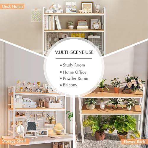 IOTXY 2-Tier Desktop Hutch Bookshelf - Metal Desk Shelf Bookcase with Grid Panel, Countertop Storage Organizer Rack for Dorm or Office, White, 45.3" W thumbnail 7