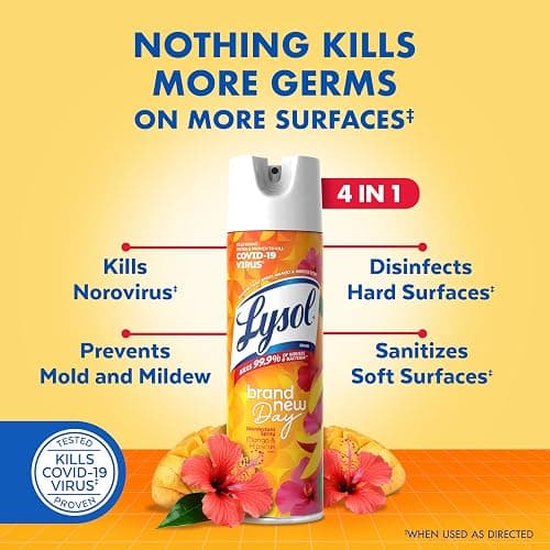 Lysol Disinfectant Spray, Household Cleaning Supplies, Disinfecting Multi-Purpose Room Spray, Antibacterial Sanitizer, Deodorizer, Kills Hantavirus, Mango & Hibiscus, 19 Fl Oz (Pack of 2) thumbnail 3