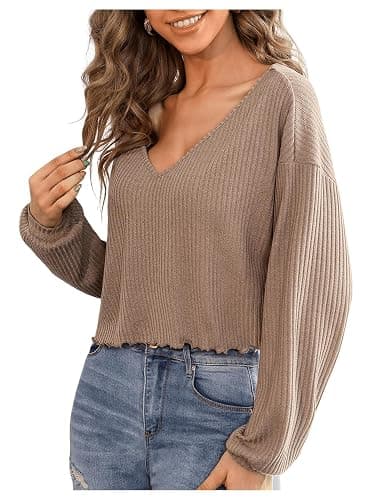SweatyRocks Women's Long Sleeve Tee Shirt V Neck Ribbed Knit Lettuce Trim Crop Top thumbnail 4