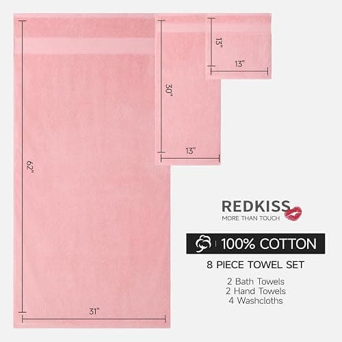 REDKISS Pink Towel Set of 8-100% Cotton Luxury Bath Towels Set for Bathroom, 600 GSM Highly Absorbent Bathroom Towel with 2 Large Bath Sheet, 2 Hand, 4 Washcloths, Pink Shower Towels for Dorm thumbnail 3