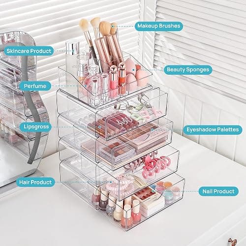 Vtopmart 3 Tier Clear Makeup Organizer with Drawer, Cosmetic Storage for Dresser Countertop and Bathroom Vanity, Beauty Holder for Lipstick Brush Skincare - 3 Tier thumbnail 4