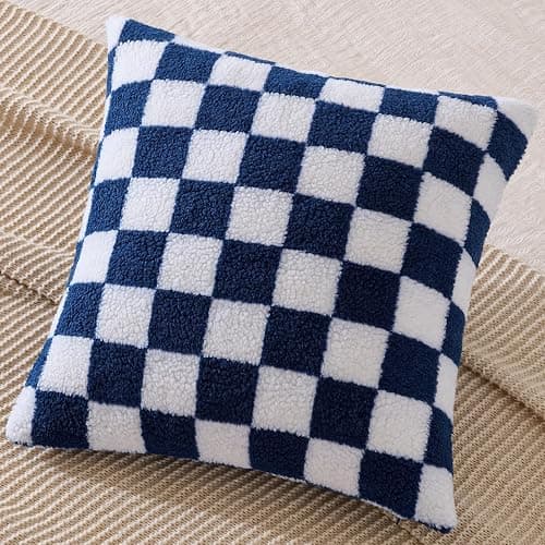 AmHoo Pack of 2 Decorative Throw Pillow Covers Checkerboard Luxury Super Soft Faux Fur Wool Set Case Cushion for Couch Sofa Bedroom 18 x 18-Inch Navy Blue thumbnail 4