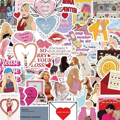 50pcs Music Singer Sabrina Carpenter Stickers Pack,Vinyl Waterproof Sticker Decals for Water Bottle, Laptop, Phone, Scrapbooking, Journaling Choice for Adults for Party Supply Decor - Image 1