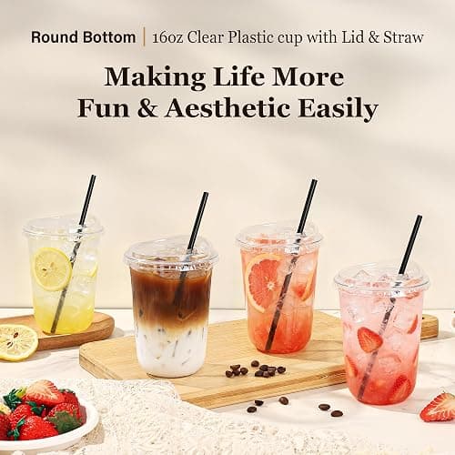 tchrules 100 Set 16oz Clear Round Bottom Plastic Cup with Sip Lid & Straw | Disposable, To Go, Leak-proof, for Iced Coffee/Cold Drinks/Slushie/ Smoothie/Matcha, Party Supplies, for Soda bar/Cafe Shop thumbnail 4