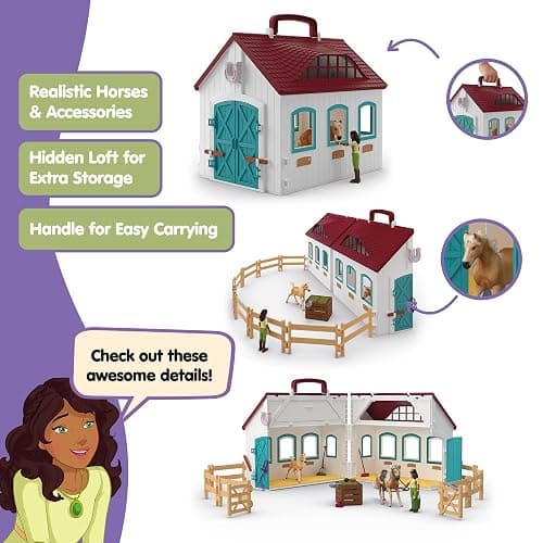 Schleich Horse Club - 60PC Little Horseshoe Open Stable Playset - Easy Carry Set with 2 Horse Figurines, Action Figure, Stable and Accessories - Toy Horses for Girls and Boys - Kids Ages 4+ | 42703 | Set includes hutch, 2 horses, movable girl figure & accessories | great gift for girls and boys | toys from 5 years thumbnail 3