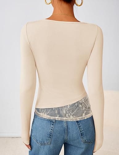 ZESICA Women's Fall Long Sleeve Tops 2025 Casual Cowl Neck Lace Slim Fit Going Out Y2k Knit Shirts Blouses thumbnail 3
