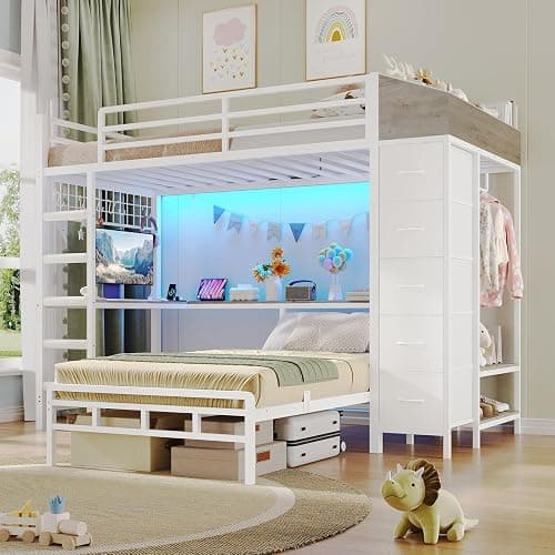 Bunk Bed Twin Over Twin with Desk, LED Lights and Hall Tree, L-Shaped Bunk Bed with Charging Station, 5 Storage Drawers, Twin Bunk Beds with 13.4"H Guardrail & Stairs, No Box Spring Needed, White - Image 1
