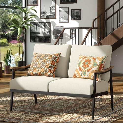 NATURAL EXPRESSIONS Patio Loveseat Sofa Outdoor Furniture Metal Chair with Wicker Backrest & 6 Inches Cushion for Indoor, Front Porch, Deck, Balcony, Backyard, 51.77"(L) x 29.75"(W) x 33.86"(H). thumbnail 3