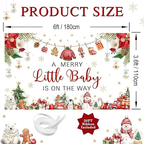 Avezano Christmas Baby Shower Backdrop A Little Merry Is on the Way Banner Xmas Winter Wonderland Newborn Baby Shower Party Decorations (6x3.6ft) thumbnail 2