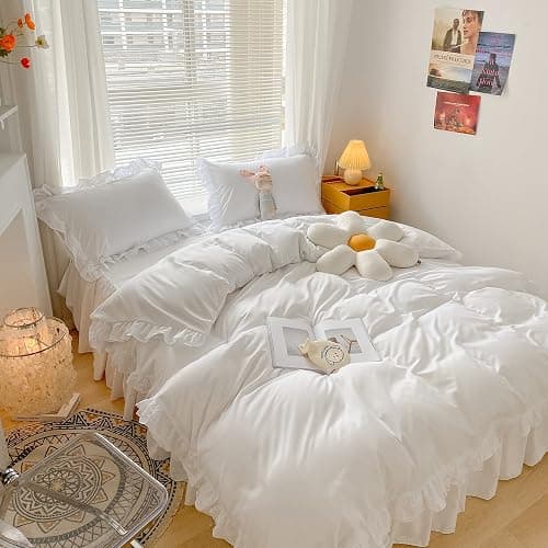 MOOWOO Chic Ruffle Lace Polyester Duvet Cover Set -Girl White Bedding-3 Piece Queen Duvet Cover with Zipper Closure -Ultra Soft and Light Weight (White, Queen)-No Comforter thumbnail 4