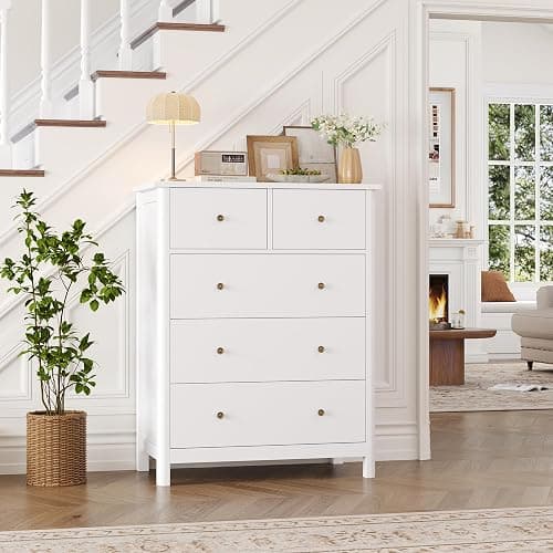 HOUSUIT White Dresser with 5 Drawers, Tall Chest of Drawers, 5 Drawer Dresser with Deep Space, Wood Storage Cabinet for Living Room, Hallway, Office, White thumbnail 2