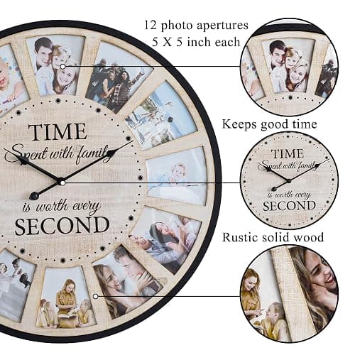 JUMBO HUMBLE 12 Photo Collage Rustic Wood Farmhouse Wall Clock, Large Family Picture Wall Clock for Living Room, Home, Kitchen, Silent Battery Powered 24 Inch Natural thumbnail 6