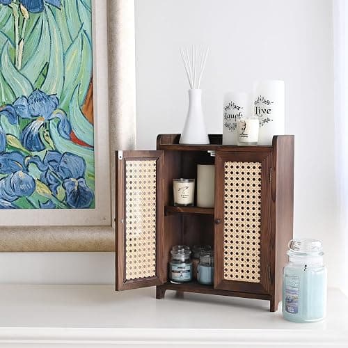 Ikee Design Wood Storage Cabinet with Rattan Doors, with Removable Shelves | COUNTERTOP ORGANIZER: Wooden cabinet with magnetic rattan doors and removable shelves for coffee, cups and pantry items. thumbnail 2