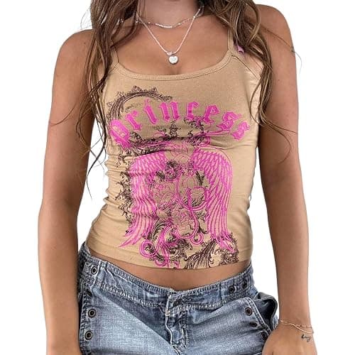 Womens Y2k Gothic Graphic Spaghetti Strap Cami Crop Tops Sleeveless Sexy Tank Tops Retro Trendy Going Out Camisole - Image 1