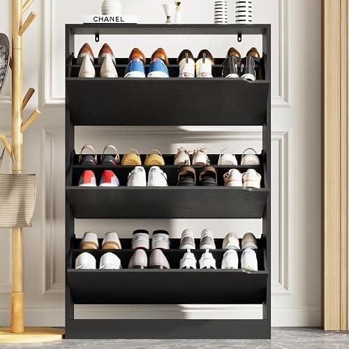 Xixini Shoe Storage Cabinet for Entryway with 3 Flip Drawers, Sturdy Wood Hidden Shoe Storage, Freestanding Narrow Slim Shoe Organizer for Front Door Entrance, Living Room, Hallway, Bedroom, Black thumbnail 6