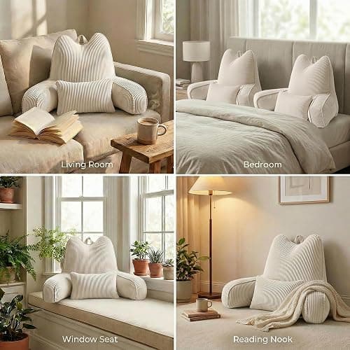 Ailuteie Corduroy Reading Pillow with Arms for Sitting Up, 2-in-1 Bed Rest Pillow with Detachable Lumbar Support, Backrest Support Cushion for Couch with Side Pockets & Handle, Beige Gray thumbnail 4