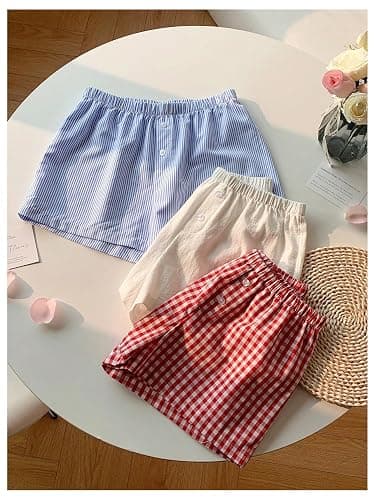 MakeMeChic Women's 3 Pack Linen Shorts Plaid Gingham Striped Summer Beach Boxer Shorts thumbnail 5