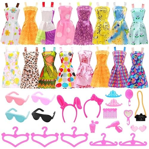 BARWA 53 pcs Doll Clothes and Accessories 10 pcs Party Dresses with 42 pcs Shoes, Crown, Necklace, Hangers, Bags, Accessories for 11.5 inch Doll thumbnail 6