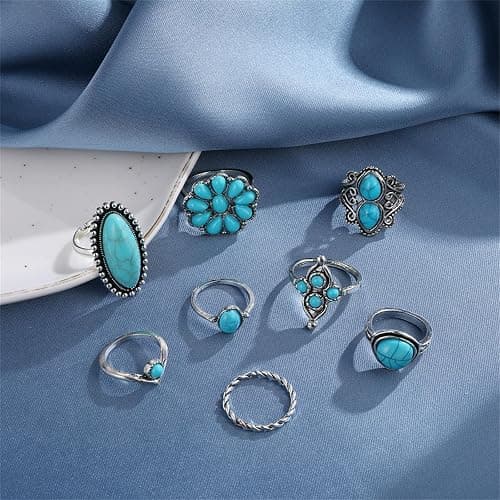 Bohemian Turquoise Ring Set for Women,Vintage Western Rings Chunky Turquoise Opal Stackable Knuckle Ring Set Punk Midi Finger Ring Pack Boho thumbnail 4