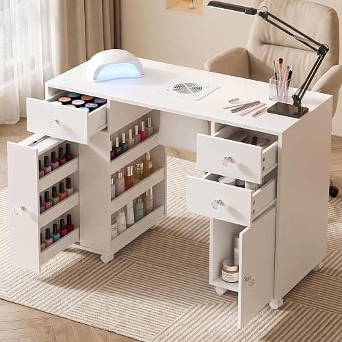 VOWNER Manicure Table Nail Tech Desk with Dust Collector & Storage Drawers | Acetone-Resistant Nail Table, Beauty Salon Station with Dust Bags & Cabinet, Rolling Nail Desk with Lockable Wheels, White - Image 1