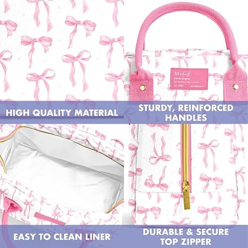 Fit & Fresh Bloomington Lunch Bag for Women - Insulated Large Lunch Box for Work with Containers, Leak-Resistant, Stain-Resistant, Zipper Closure, Pink Bows thumbnail 5