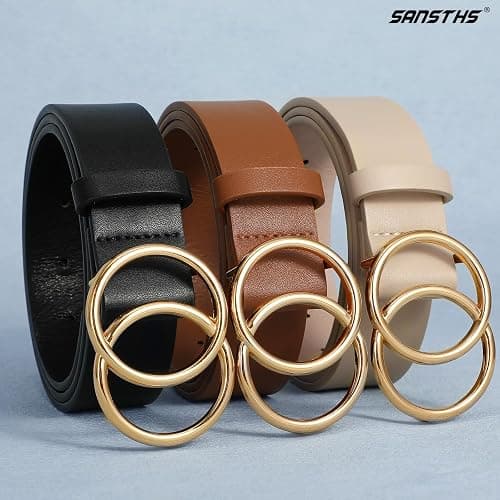 SANSTHS 3 Pack Women Waist Belts for Jeans Pants Dresses, Ladies Belt with Double O-Ring Gold Buckle thumbnail 2