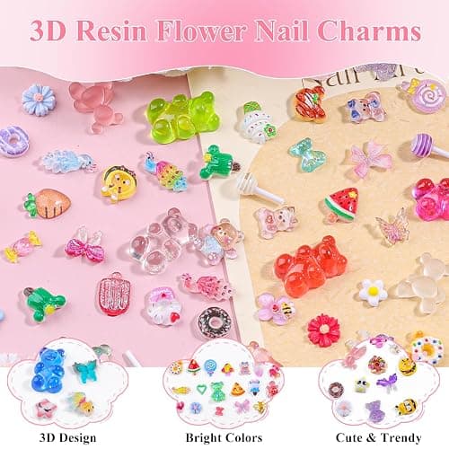 250pcs Kawaii 3D Candy Nail Charms Kit,Y2K Cartoon Gummy Bear Bees Fruit Pineapple Sweet Candy Lollipop Donut Ice Cream Cute Heart Star Bows Mixed Colors Jewelry Nail Embellishments for Nail Art Craft thumbnail 4