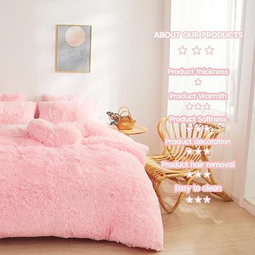Fluffy Faux Fur Pink Comforter Cover Set Queen - Ultra Soft Plush Pink Bedding Sets 3 Pieces (1 Fluffy Duvet Cover + 2 Faux Fur Pillow case) Cute Bed Set (Light Pink, Queen) thumbnail 5