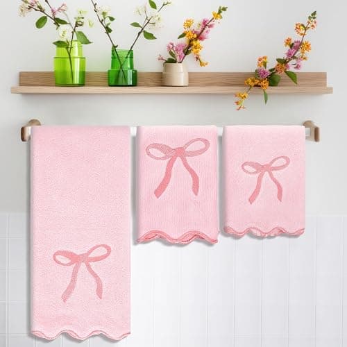 Fanfanwin 3 Pcs Pink Bow Bathroom Towel Set, Scalloped Coquette Fingertip Towels with Embroidery, 100% Cotton Absorbent Hand Towels for Bathroom, Kitchen, Wedding Gifts, Preppy Bath Decor thumbnail 2