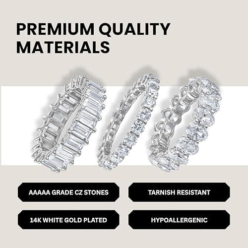 KISPER 14K White Gold Plated Eternity Band Rings for Women - AAAAA Cubic Zirconia Round Oval Emerald Cut Wedding Bands Stackable Size 5-9 thumbnail 6